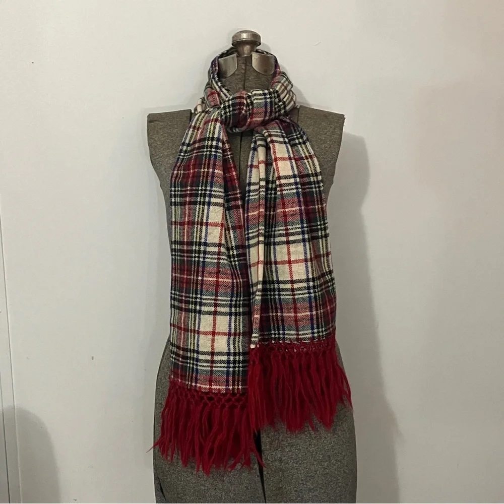 Vintage Baar & Beards 100% Wool Plaid Fringe Stole Scarf Hand Knotted in Japan